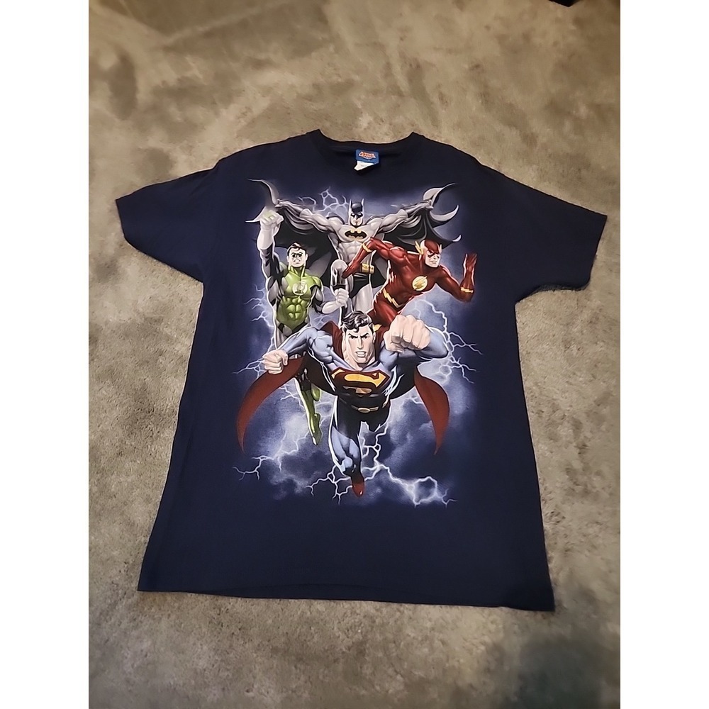DC Comics Justice League Batman Superman Flash Green Lantern T Shirt Medium Blue